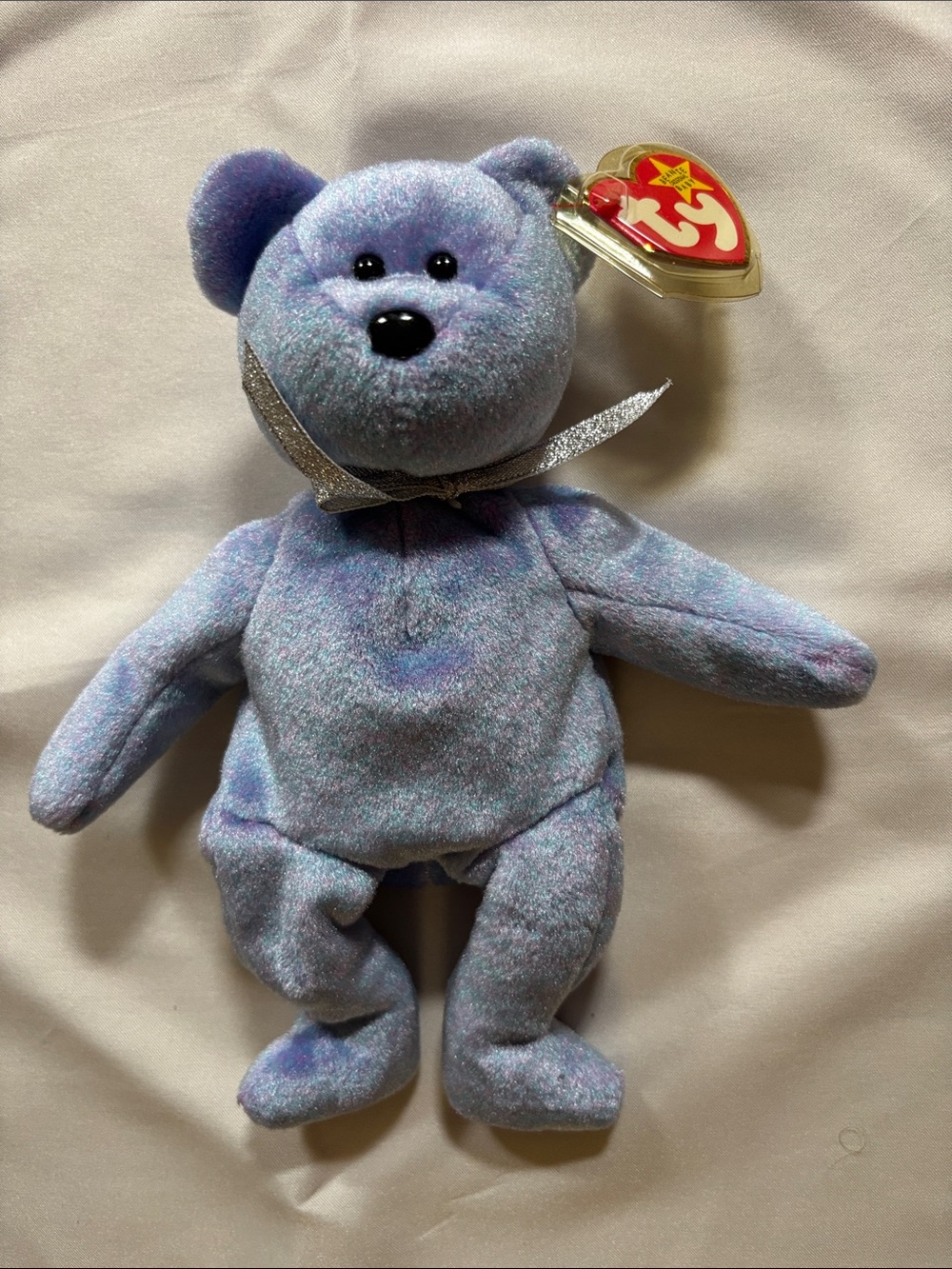 Vintage Ty Purple iridescent Beanie Baby with Silver Ribbon (Clubby)